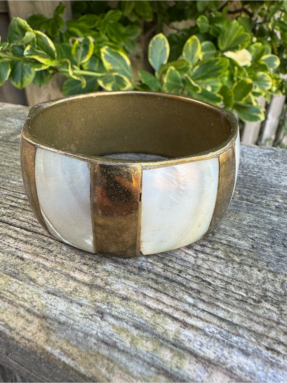 Vintage MOP Inlay and Brass Chunky Bangle Bracelet - 1970’s Boho